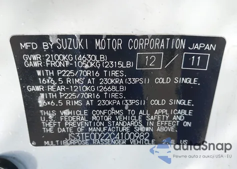 2012 Suzuki Grand Vitara Premium z USA, uszkodzony, nr VIN JS3TE0D22C4100982